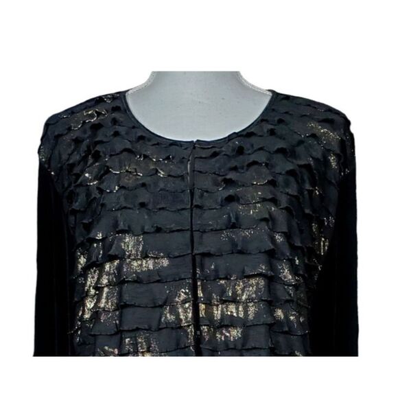 Chico's Travelers Cardigan Size XL 3 Shimmery Ruffles Black Gold Elegant Gala - Picture 3 of 10